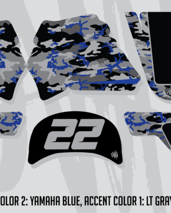 Black, gray, and blue number 22 camo motocross graphic plates