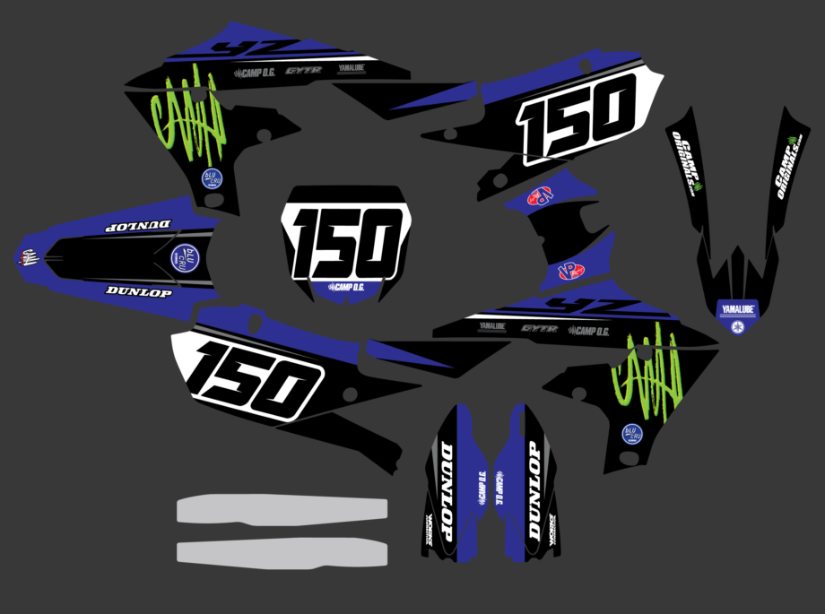 Illustration of black, white, blue, and green 150 motocross graphics kit