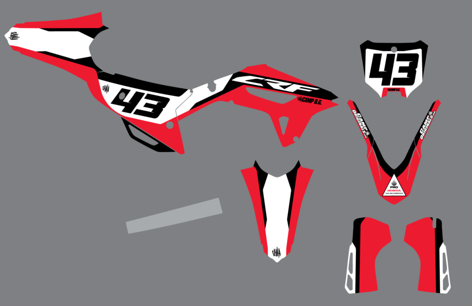 Illustration of red, black, and white 43 motocross graphics kit