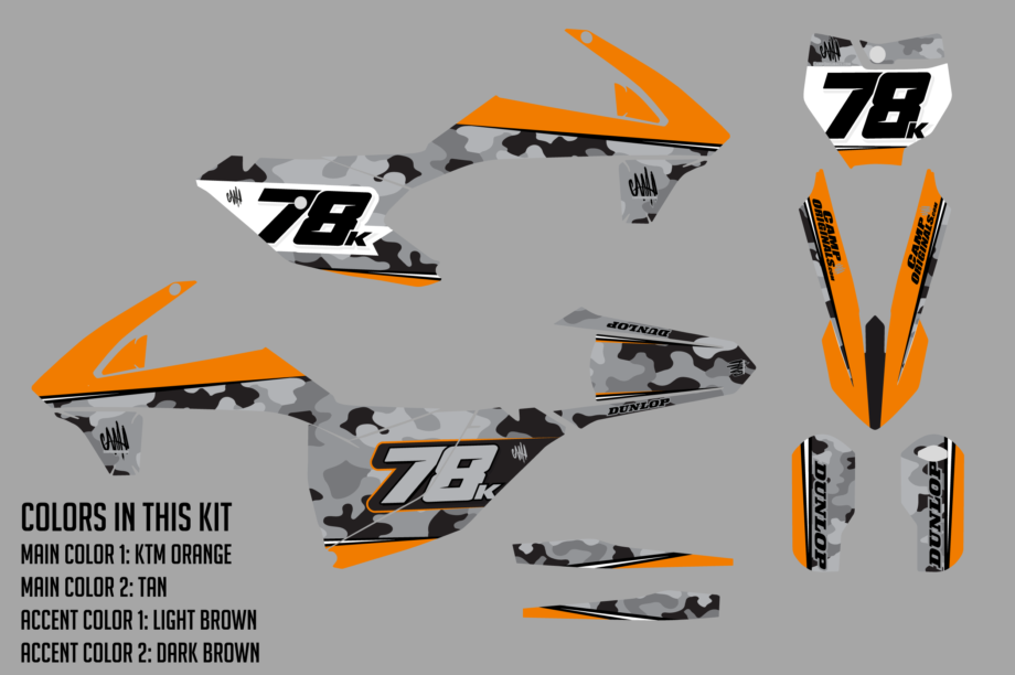 Illustration of orange and camo motocross graphics kit