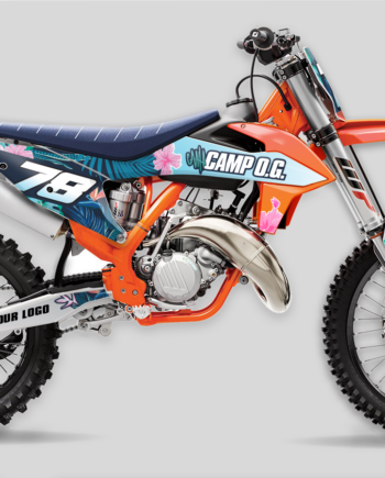 Blue and pink Camp Originals graphics on an orange motocross bike -